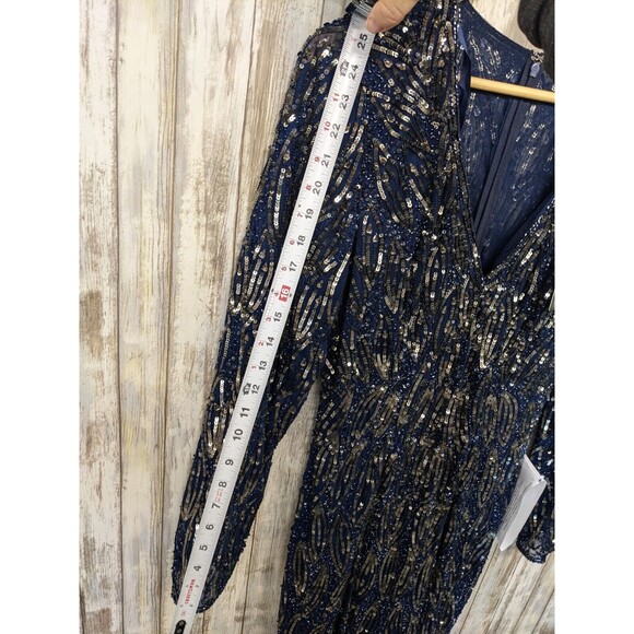 Mac Duggal Navy Midnight Blue Metallic Sequin Beaded Long Sleeve V-Neck Gown 8 - Picture 11 of 12
